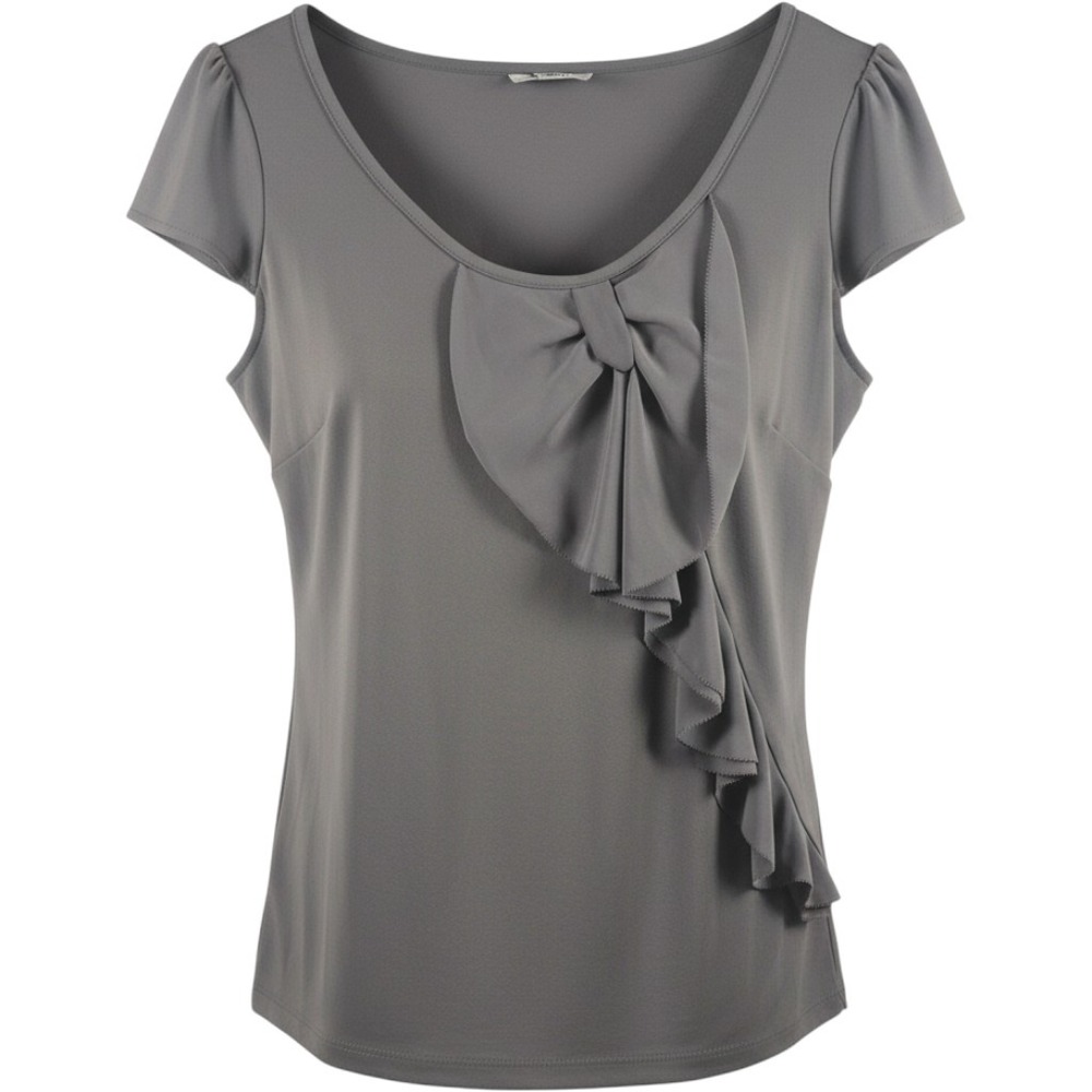 Worthington Gray Stretch Knit Blouse Bow Ruffle Scoop Neck Cap Sleeve Top Medium
